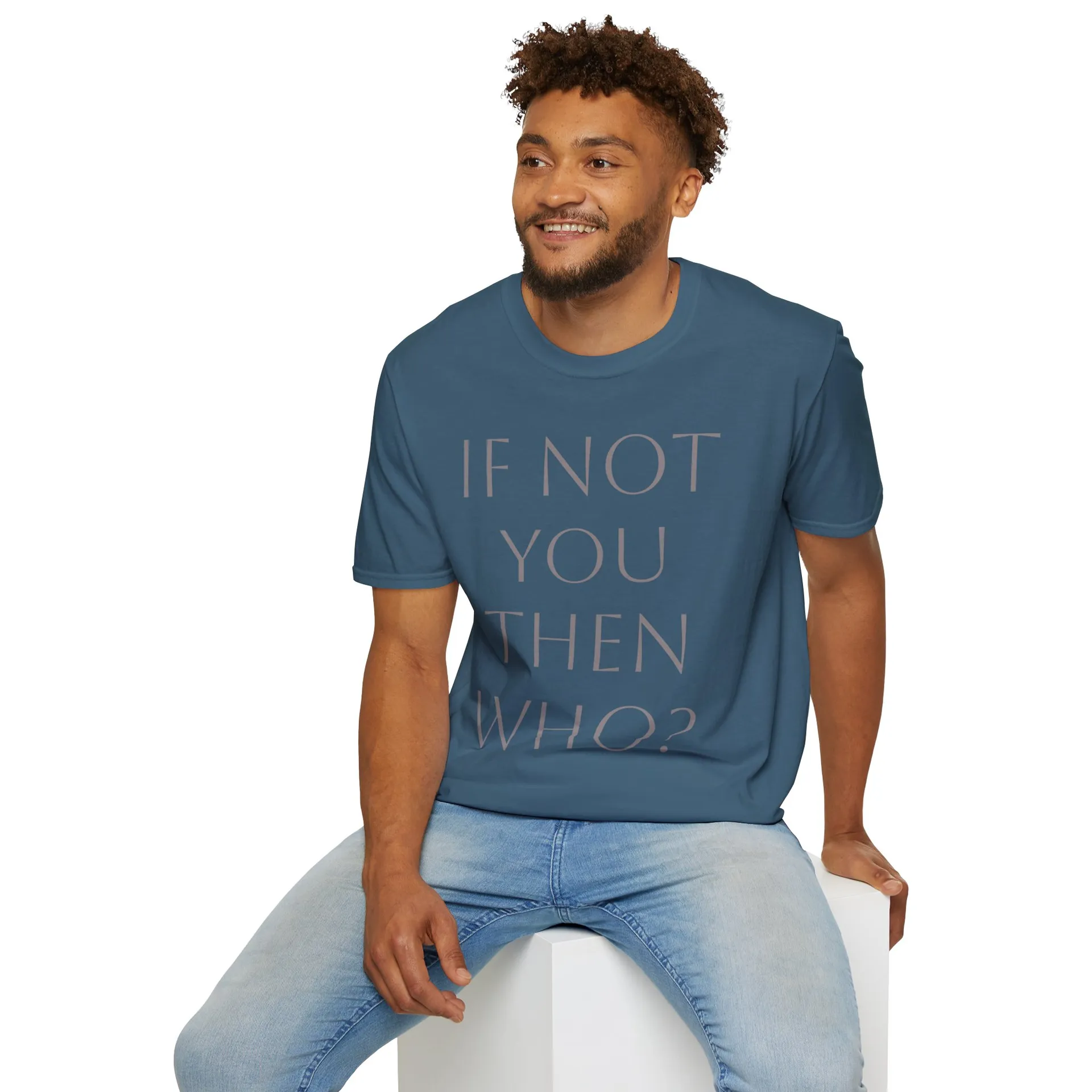 Model wearing the updated blue BiggMannSmallWorldd graphic tee